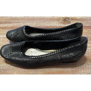 A.N.A Black Soft Leather Perforated Slip On Flats Comfort Shoe Braided Star 8.5